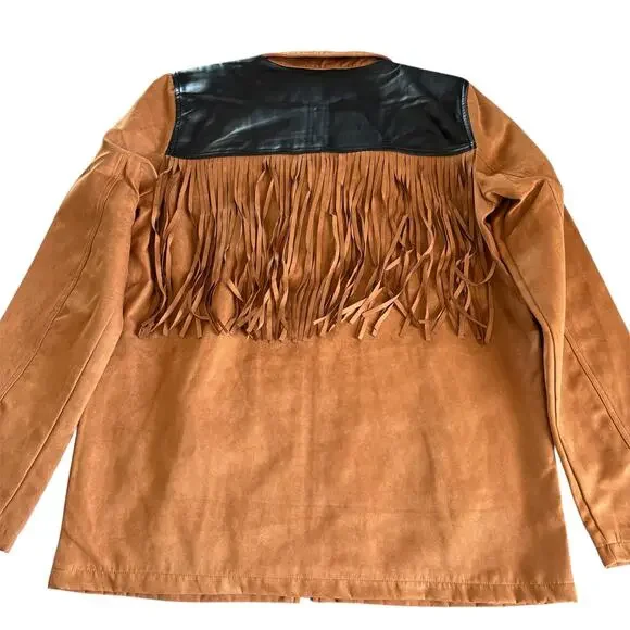 WeWoreWhat Fringe Western Faux Suede Jacket Acorn Brown and Black Medium NWT - Picture 8 of 10